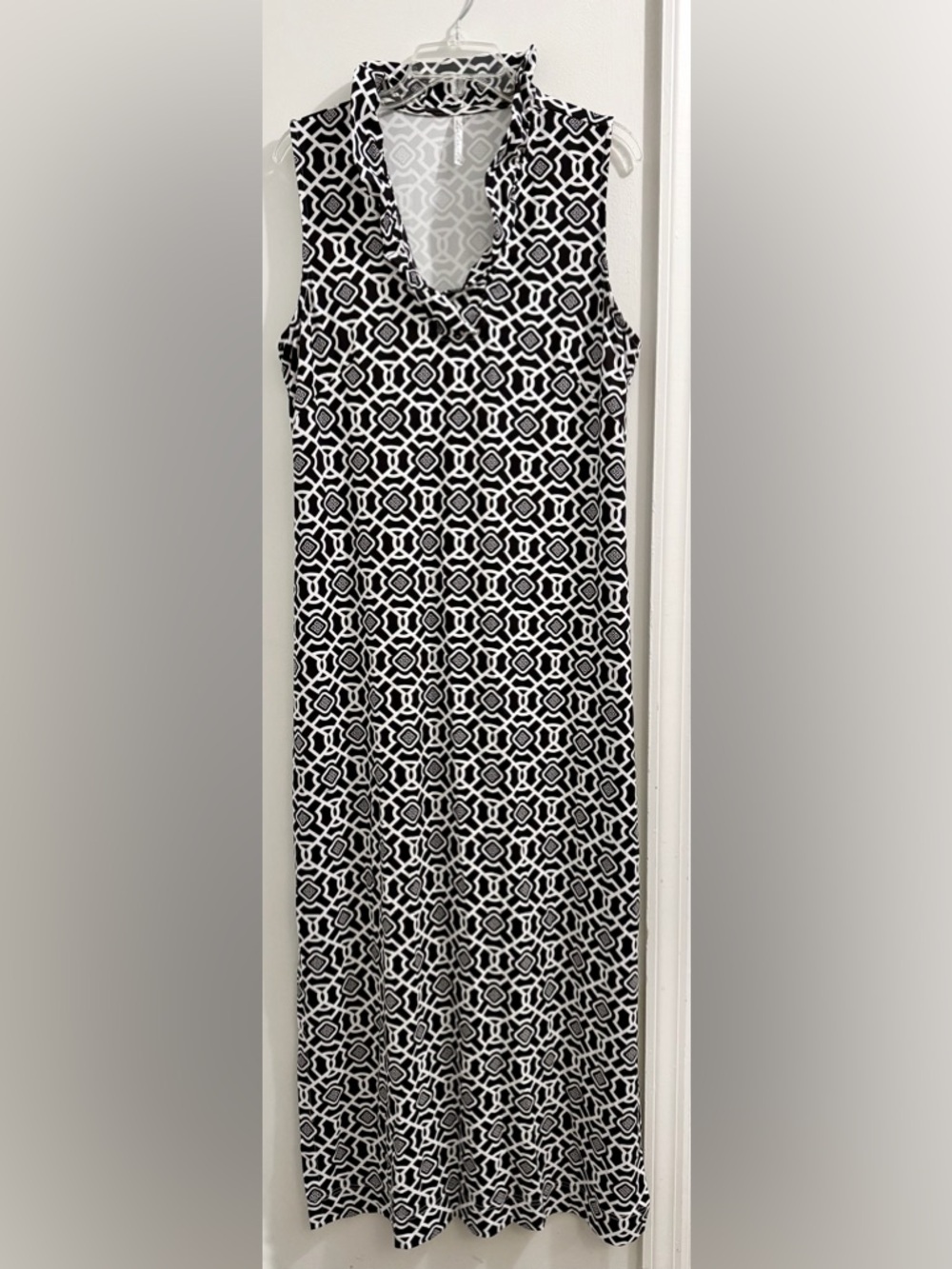 Lulu-B Black and White Geometric Maxi Dress with Slit on Noth Sides on Bottom